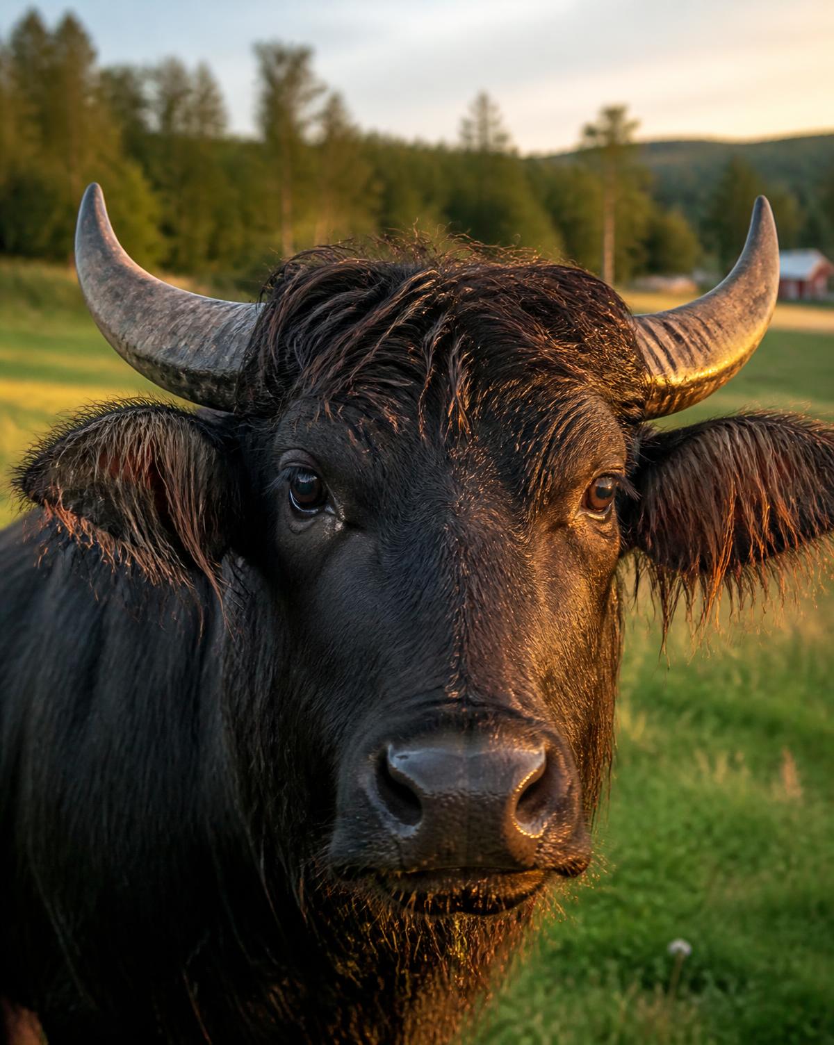 Vattenbuffel i kvällsljus på gården i Silte